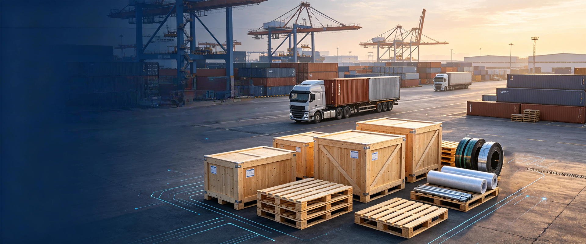 Wooden crates and pallets staged in an export yard, shown as a logistics application scene with shipping containers in the background