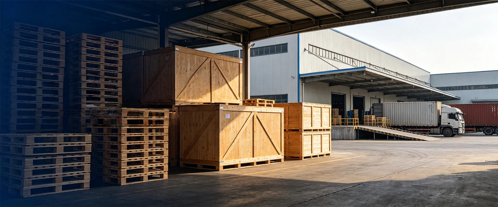 Wooden pallets and export crates staged under a warehouse loading canopy beside a waiting freight truck