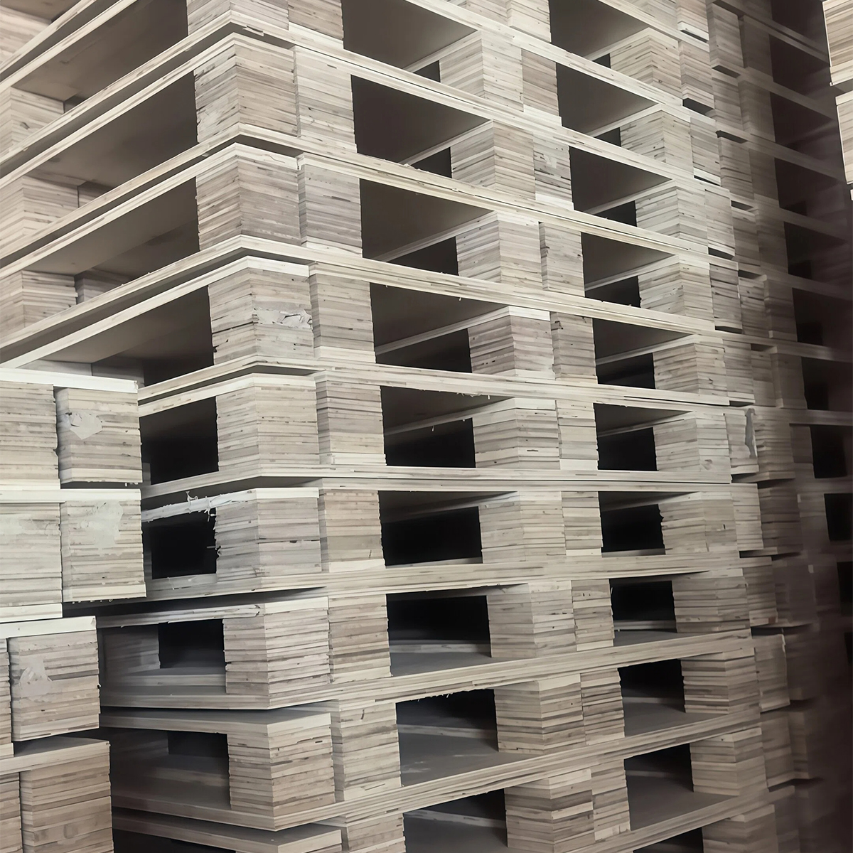 Close-up of layered plywood panel edges used in pallet decking