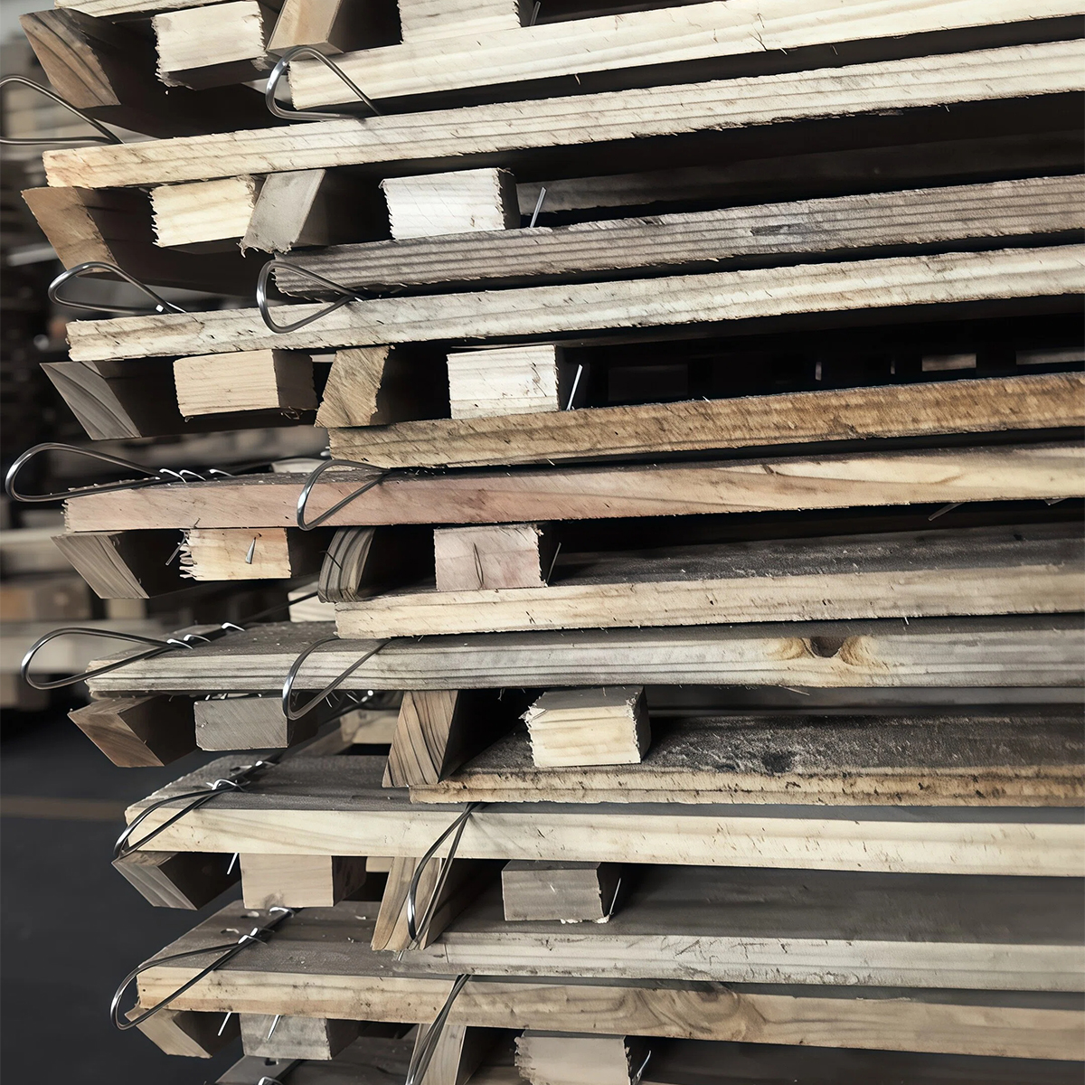 Bundled raw timber boards wire-tied ahead of assembly